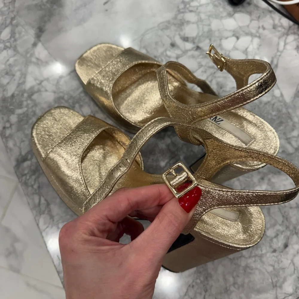 Zara Metallic Gold Block Heel Sandals - Picture 9 of 9